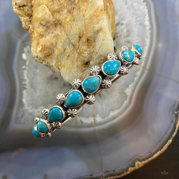 Paul Livingston Sterling Silver Silver Teardrop Turquoise Decorated Bracelet - Picture 2 of 10